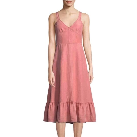 Rebecca Taylor Pink Lace Up Back Linen Blend Midi Dress Size 4 - Picture 1 of 12
